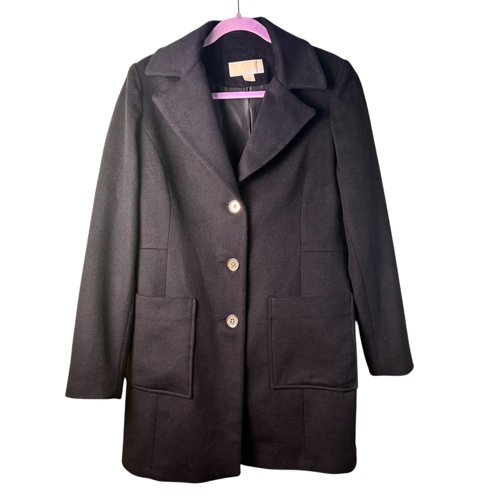 Michael Kors Black Wool Blend Coat Womens Button Front Career Classic